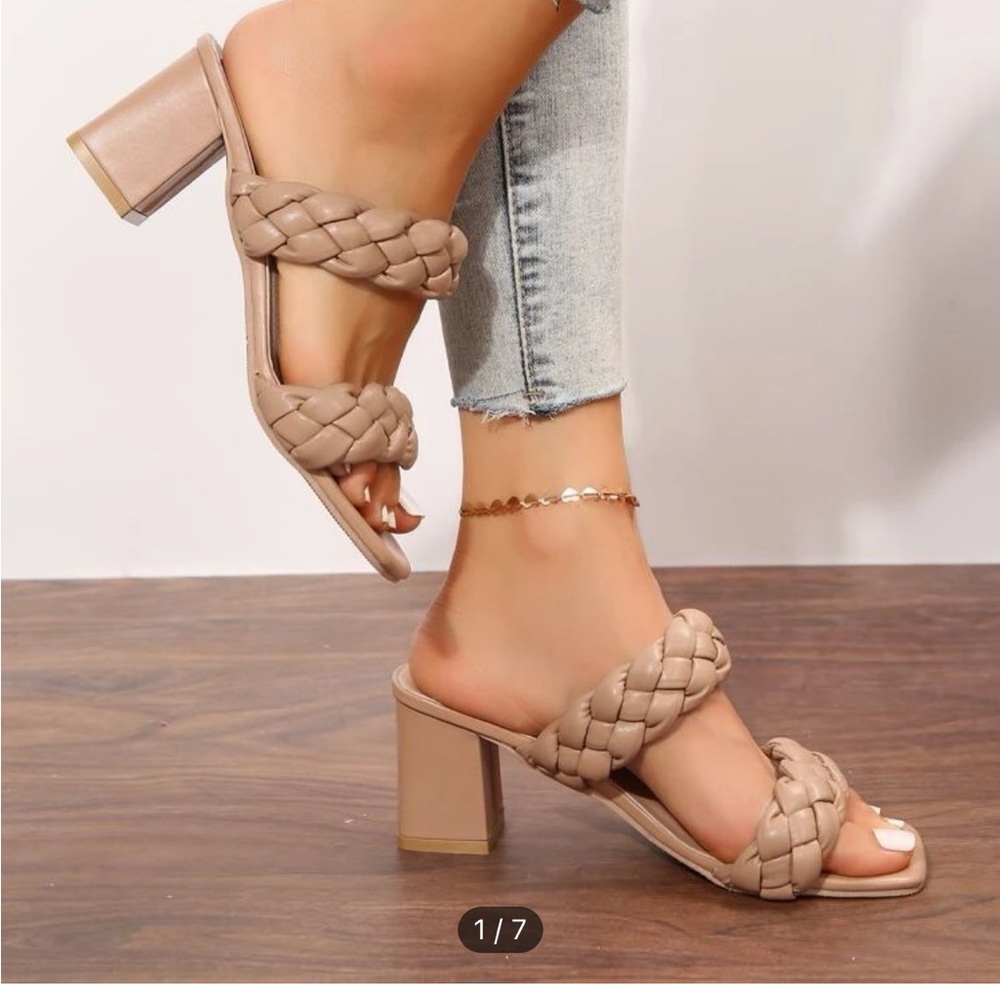 Braided, neutral, mid heel sandal